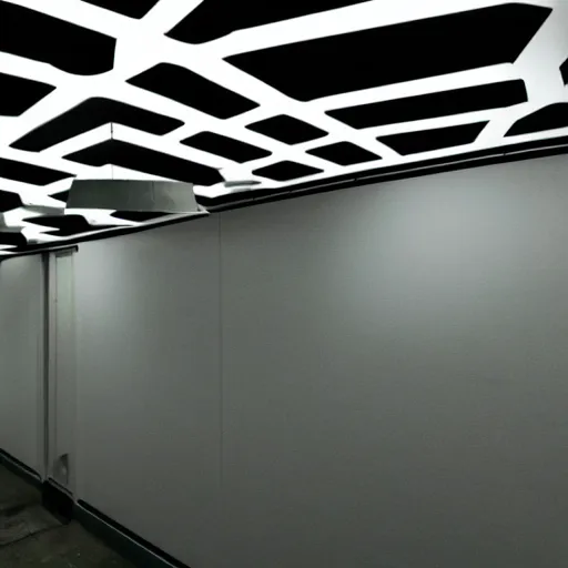 Prompt: noisy photograph of liminal underground tiny homes, office ceiling panels, retrofuturism, brutalism, minimalist, cinematic, soft vintage glow