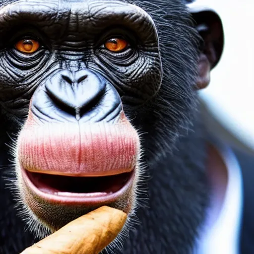 Image similar to a high detail closeup shot of a chimp wearing a suit and smoking a cigar