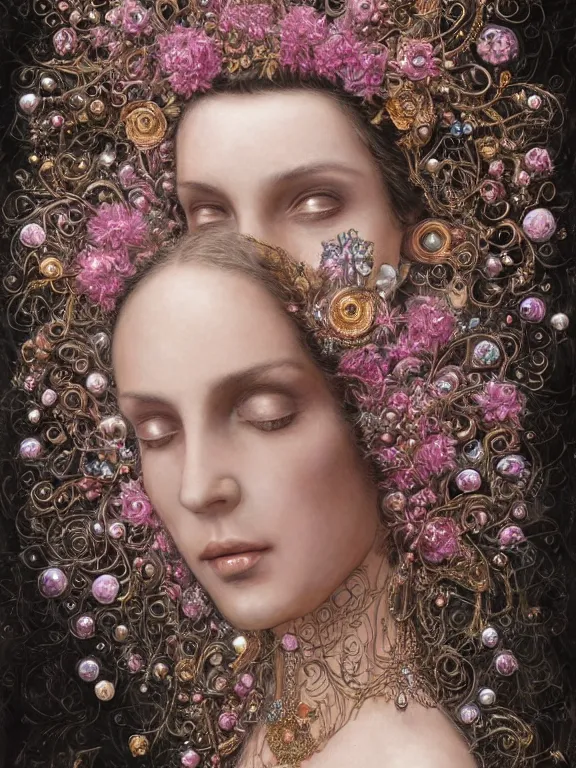 Image similar to a beautiful portrait render of baroque young lady who has perfect human face and dramatic headdress with intricate fractals of flowers and star made of crystals, by Billelis and aaron horkey and peter gric and Nekro and Virginie Ropars,ZBrush,hyperreal,pearlescent,jewelry,gold,pink,maximalist