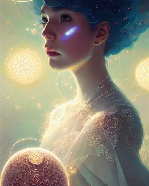Prompt: harmony of the spheres, fractal crystal, jasmine, beauty portrait by wlop, james jean, victo ngai, beautifully lit, muted colors, highly detailed, fantasy art by craig mullins, thomas kinkade