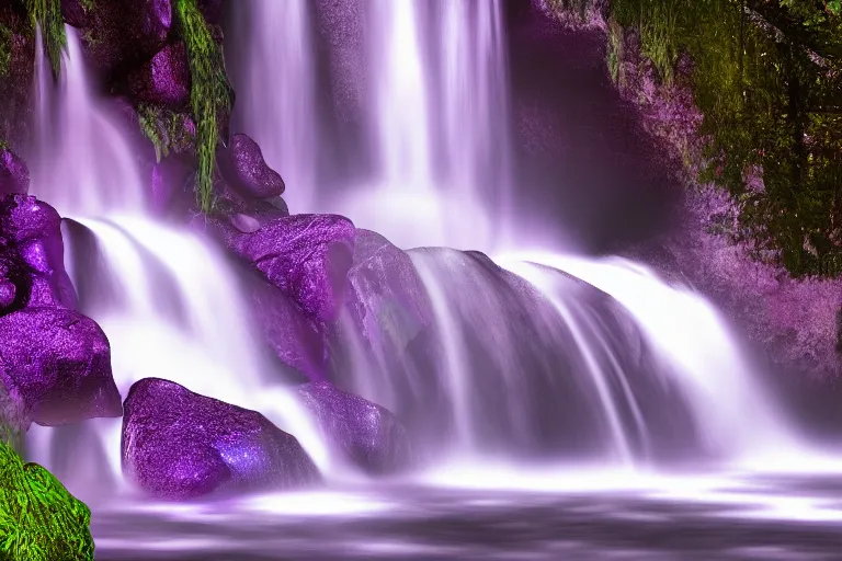 Image similar to A waterfall with glowing purple water. Cinematic lighting. Photorealism.