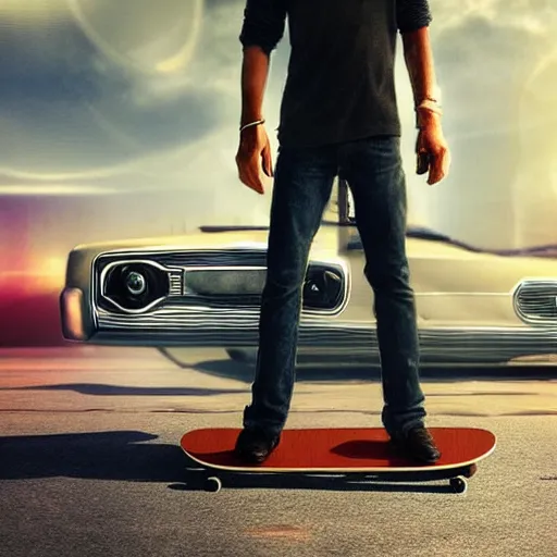 Image similar to a man holding a skateboard standing in front of a car, concept art by zack snyder, featured on cgsociety, retrofuturism, retrowave, synthwave, outrun