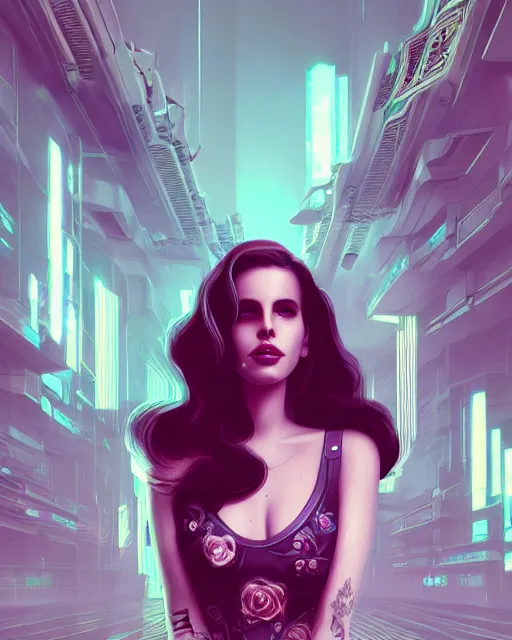 Image similar to portrait of lana del rey as a cyberpunk cyborg. roses, sci - fi, intricate abstract, upper body, intricate artwork, by tooth wu, wlop, beeple, dan mumford. concept art, 8 k octane render, deviantart, greg rutkowski, cinematic, key art, hyperrealism, iridescent accents