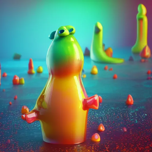 Image similar to lava lamp, gelatinous cute creature inside, happy, playful, vivid, globules, 8 k, octane render