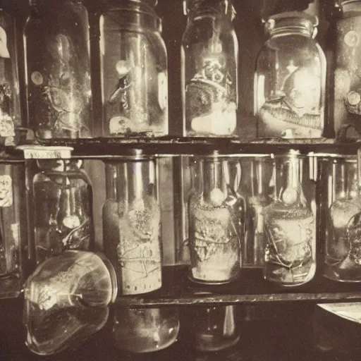 Image similar to real photo of lovecraftian secret cellar with aliens in jars and operating table