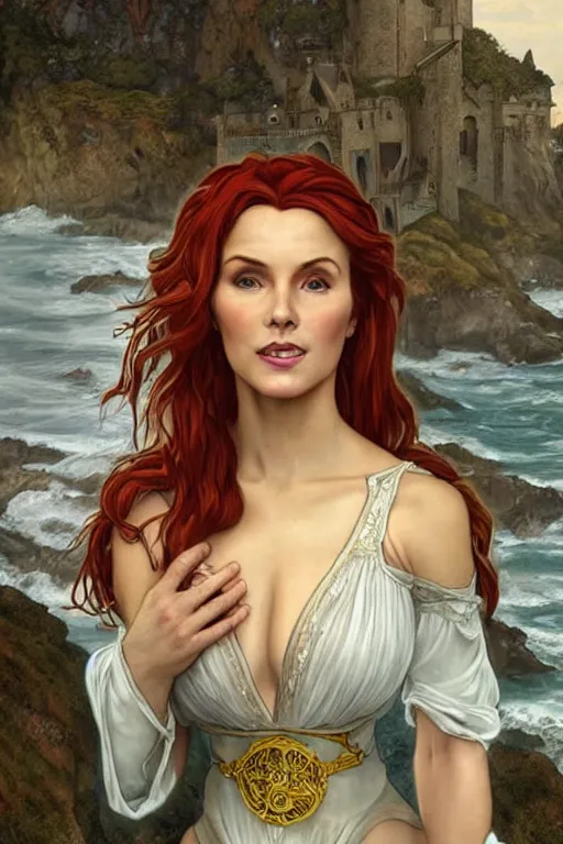 Image similar to a hyperdetailed tarot card of triss merigold as a princess asleep on a bed in a tower, sleeping princess!!!!, window that overlooking cliffs and crashing waves in the background, highly detailed, deep focus, elegant, digital painting, smooth, sharp focus, ultra realistic, 8 k, art by greg rutkowski and jeong seon and alphonse mucha