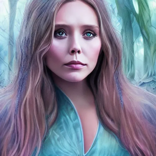 Image similar to Elizabeth Olsen, fantasy, nymph, clothed, forest, digital art