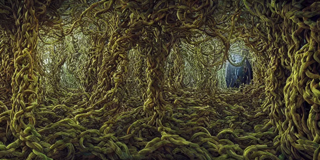 Image similar to the word FLEX made of extremely thick vines intertwined, central composition, high saturation, epic lighting, in the style of Peter gric and Hannah yata 8k