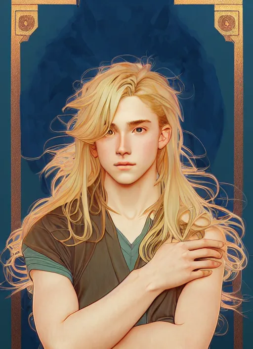 Image similar to pretty young man with shoulder length shiny shimmering golden blond hair, path traced, highly detailed, high quality, digital painting, by studio ghibli and alphonse mucha, leesha hannigan, disney