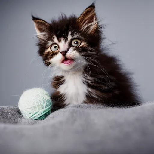 Image similar to a very happy and fluffy kitten wearing knitted clothes playing with a ball of yarn, award-winning photograph, depth of field, 8K UHD