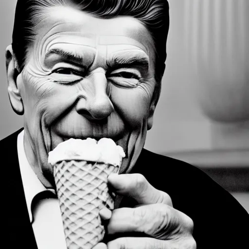 Prompt: ronald reagan enjoying an ice cream cone, monochrome 4 k