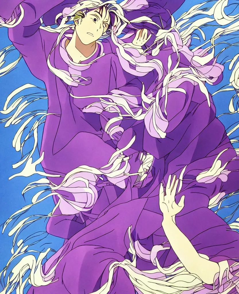 Image similar to beautiful painting from the anime film by studio ghibli, purple dogs twisted and twirling, cell shading, manga