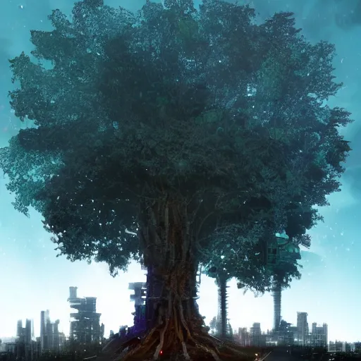 Image similar to a cyberpunk tree in the middle of a medieval city