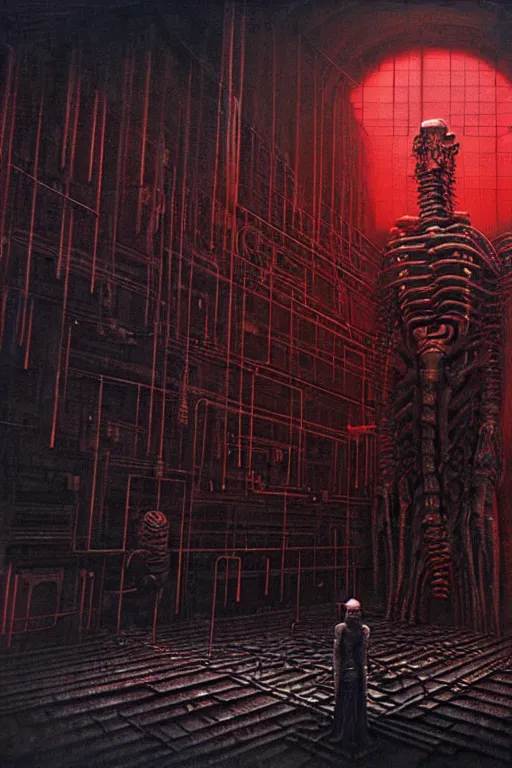 Image similar to dark master constructing infinite factories, red and black science fiction scenario, giger, beksinski, digital art render