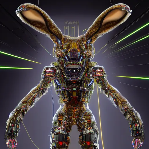 Prompt: human mole chimera, furry, extremely detailed, large rabbit ears, extremely detailed fur, intricate neon circuit pattern, exoskeleton mecha suit, cyborg, surrounded by fire, time travel, lightning arc plama, futuristic, ultra detailed, 8 k, ultra realistic, cinematic atmosphere, unreal engine, octane render, trending on artstation, cgi, photorealistic