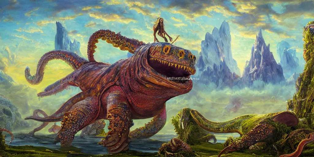 Image similar to fantasy oil painting, great leviathan, cybernetic turtle cephalopod terrapin reptilian pachyderm squid, bella hadid, hybrid, milla jovovich, anubis, epic natural light, lush plants flowers, spectacular mountains, bright clouds, luminous sky, outer worlds, golden hour, michael cheval, edward hopper, michael whelan, vray, hd