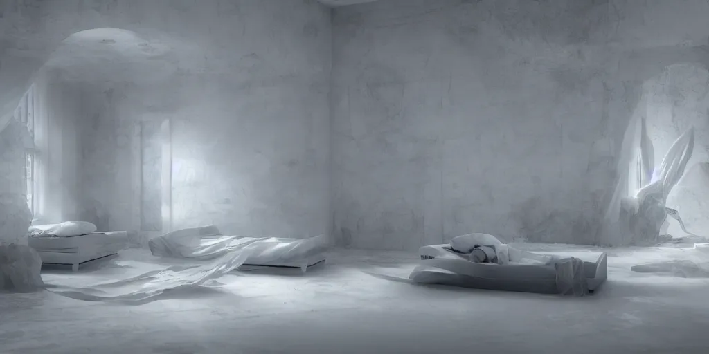 Image similar to liminal space bed, unreal engine, octane render, fantasy, white walls, digital art, dreamcore