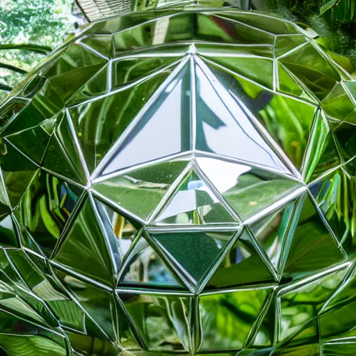 Image similar to high quality dslr photograph of a highly reflective chrome octahedron in a tropical greenhouse. alien structure, masterpiece, stunning, amazing, super resolution. atmospheric, Extremely detailed