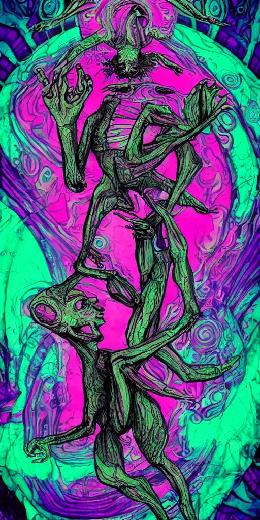 Image similar to an alien ballerina dancer, sambo, distorted, hp lovecraft, vivid and psychedelic lighting