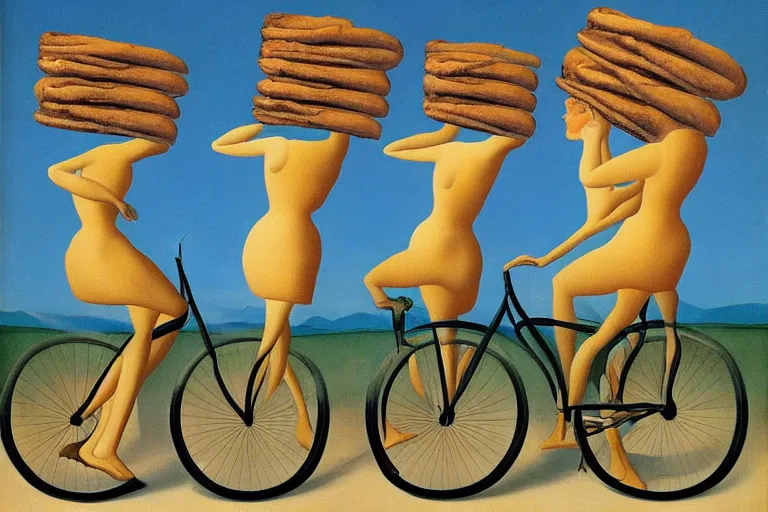 Prompt: a surrealist painting of people riding bikes with baguettes on their heads, Dali, Magritte