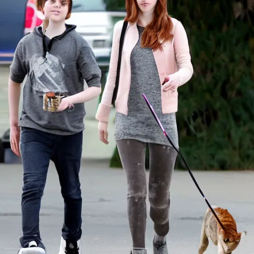 Prompt: paparazzi photo of Anna Kendrick walking her pet velociraptor