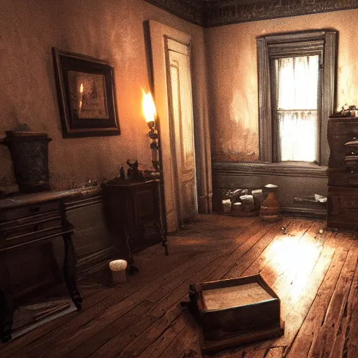 Image similar to room of a dark mansion, objects from ritual in the ground, realistic, highly detailed, background of layers of fear game