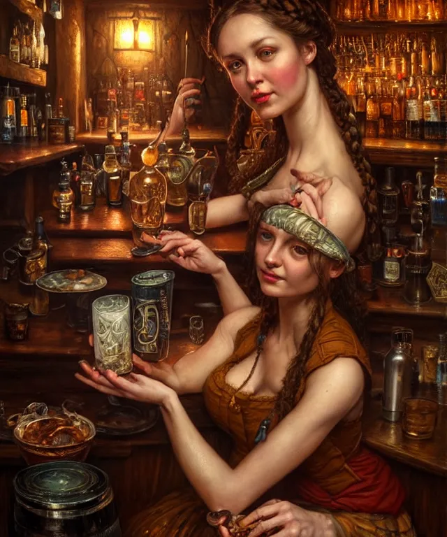 Prompt: hyperrealistic mixed media painting of a beautiful barmaid, dimly lit cozy tavern, relaxed pose, medieval d&d mood, intricate, wild, highly detailed, digital painting, artstation, concept art, smooth, sharp focus, illustration, art by Tim Okamura and Gerald Brom, perfect facial symmetry, vibrant deep colors, intricate, epic composition, grim yet sparkling atmosphere, cinematic lighting + masterpiece, trending on artstation