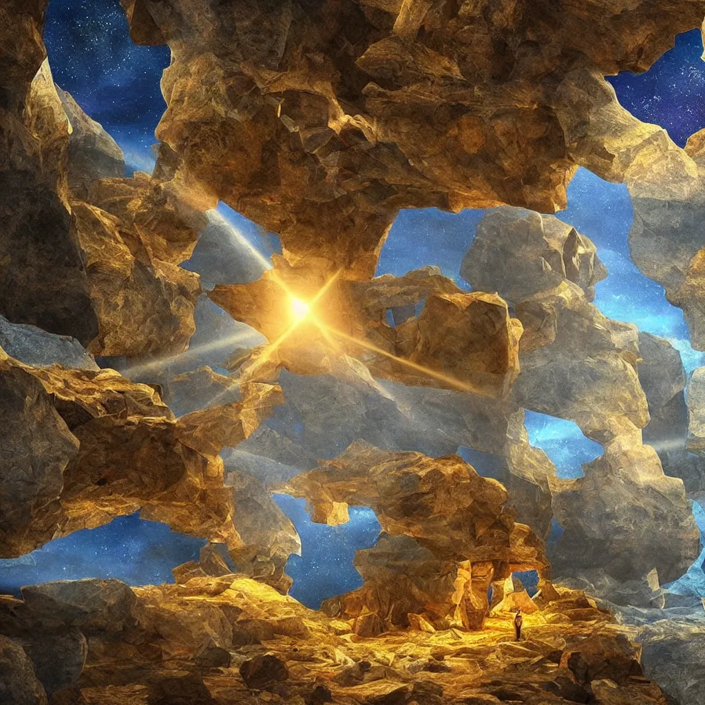 Prompt: “i’m leaving Plato’s cave with a golden consciousness surround by a landscape of Platonic solids with otherworldly colors, being with light bodies look at reflecting mirrors,experiencing itself infinitely, highly detailed in 4K”