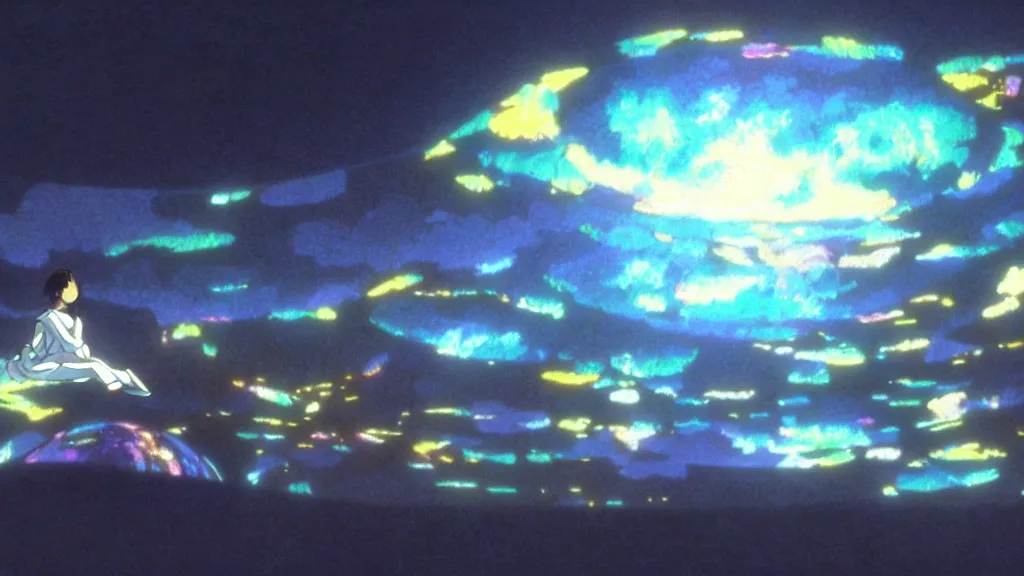 Image similar to volumetric iridescent light, anime film still from the an anime directed by katsuhiro otomo with art direction by salvador dali, wide lens