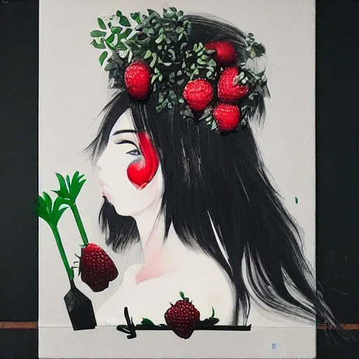 Prompt: “ a portrait in an emo piggirl ’ s apartment, sensual, a pig theme, art supplies, paint tubes, ikebana, herbs, a candle dripping white wax, black walls, squashed berries, berry juice drips, acrylic and spray paint and oilstick on canvas, surrealism, neoexpressionism ”