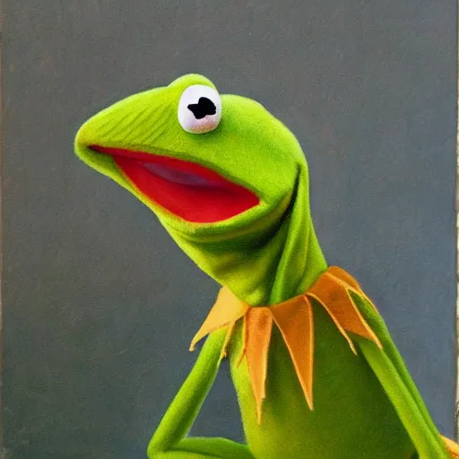 Image similar to photorealistic kermit the frog in an 1 8 5 5 painting by elisabeth jerichau - baumann. painting, oil on canvas