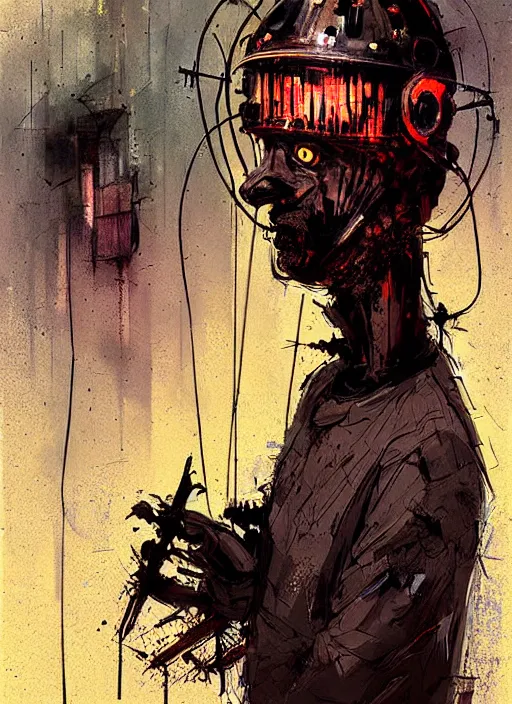 Prompt: horror art, clive barker prisoner inside a torture helmet, art by ismail inceoglu