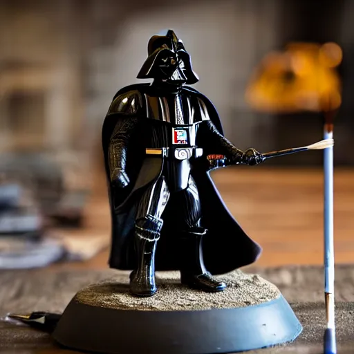 Prompt: large Darth Vader holding a paintbrush which diligently paints miniature figures of a space marine from Warhammer 40,000 at a table with a bright lamp, realism, depth of field, focus on darth vader,