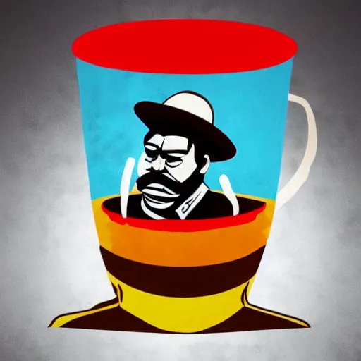 Image similar to gorillaz art depicting pancho villa in a giant cup of tea