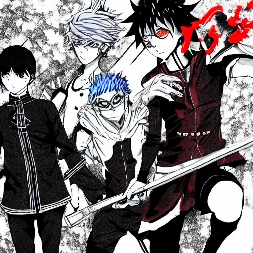Prompt: tokyo ghoul and black clover crossover in a ruined villiage