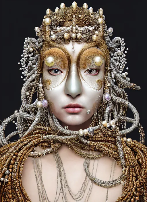 Image similar to hyperrealism, detailed textures, award winning autochrome photo, symetrical japanese pearl medusa queen autochrome pearl portrait, pearl silverplate, intricate, detailed facial pearl animal mask, pearl, golden jewelery, silverplate, ultra realistic, cinematic, intricate, cinematic light by steve mccurry, unreal engine 8 k