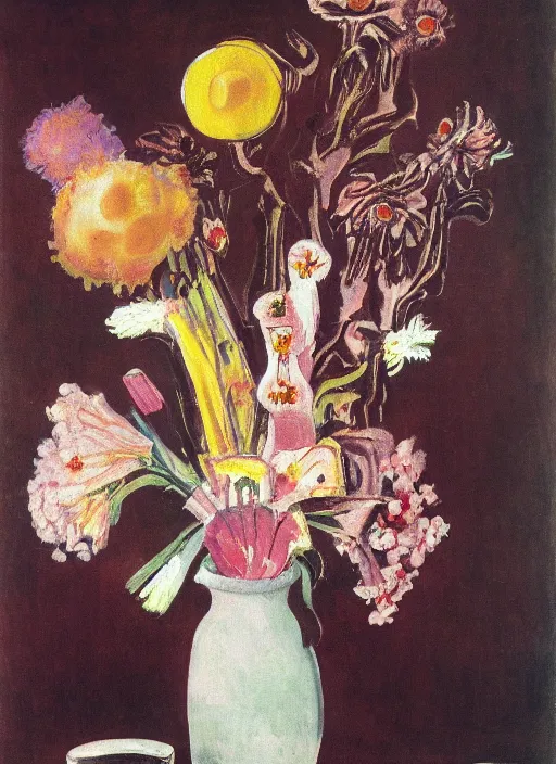 Prompt: a surreal painting of a breakfast still life, vase of flowers, by George Baselitz, symbolist, soft colors, dramatic lighting, smooth, sharp focus, extremely detailed, aesthetically pleasing composition