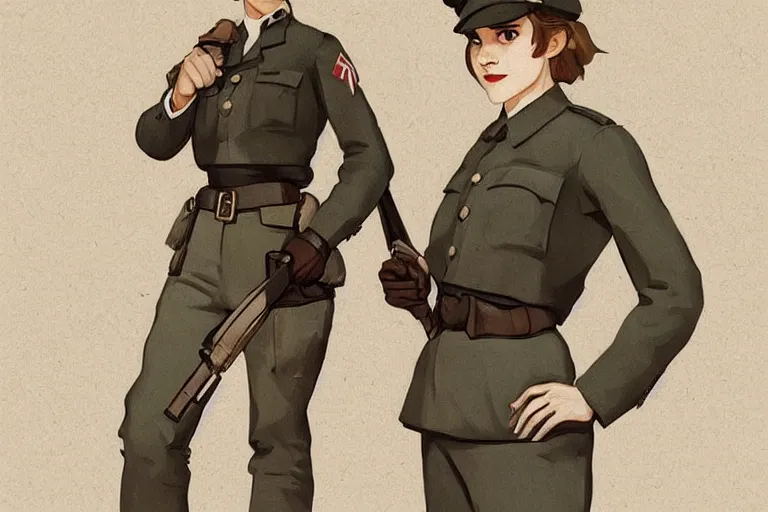 Image similar to Emma Watson in WW2 uniform vector art by moebius and atey ghailan by james gurney by vermeer by George Stubbs full body full body full body full body trending on artstation