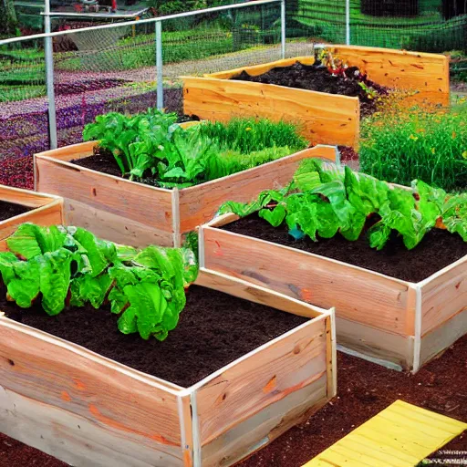 Prompt: raised garden beds full of tomotoes and string beans, concept art, illustrated, highly detailed, high quality, bright colors, optimistic,