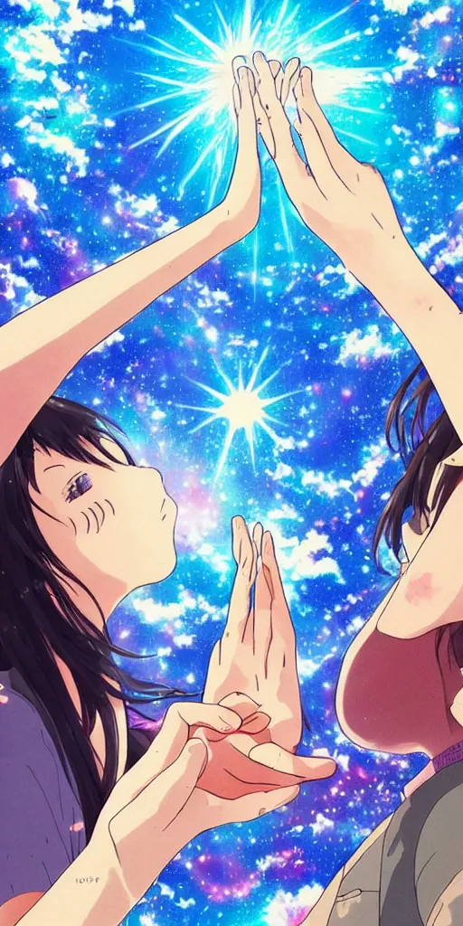 Image similar to a man and a woman holding hands under a beautiful sun drawn like the anime Your Name anime, intricate, psychedelic, Tarot card the Lovers