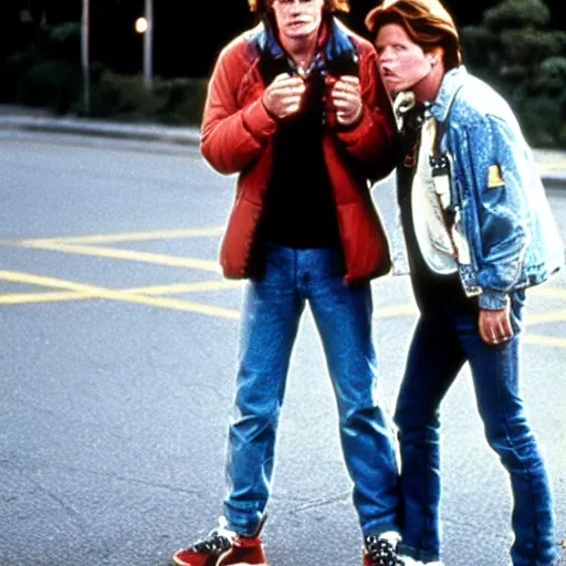 Prompt: back to the future starring eric stoltz as marty mcfly, iconic film still perfect composition,