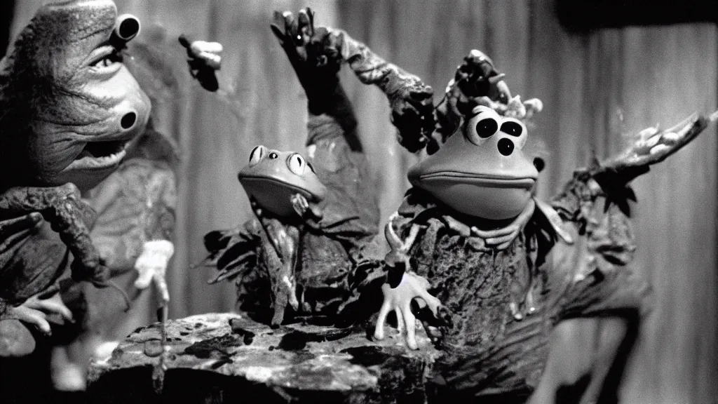 Prompt: a humanoid frog laughing maniacally and holding a knife, by Jim Henson and Paul Oz and John Carpenter, movie still directed by Stanley Kubrick and cinematography by Ari Aster