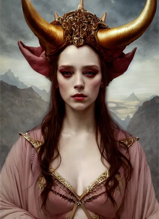 Prompt: horns queen demon, elegant, wearing a royal robe, hyper realistic, extremely detailed, dnd character art portrait, fantasy art, dramatic lighting, vivid colors, artstation, by edgar maxence and caravaggio and michael whelan and delacroix, lois van baarle and bouguereau, hell environment