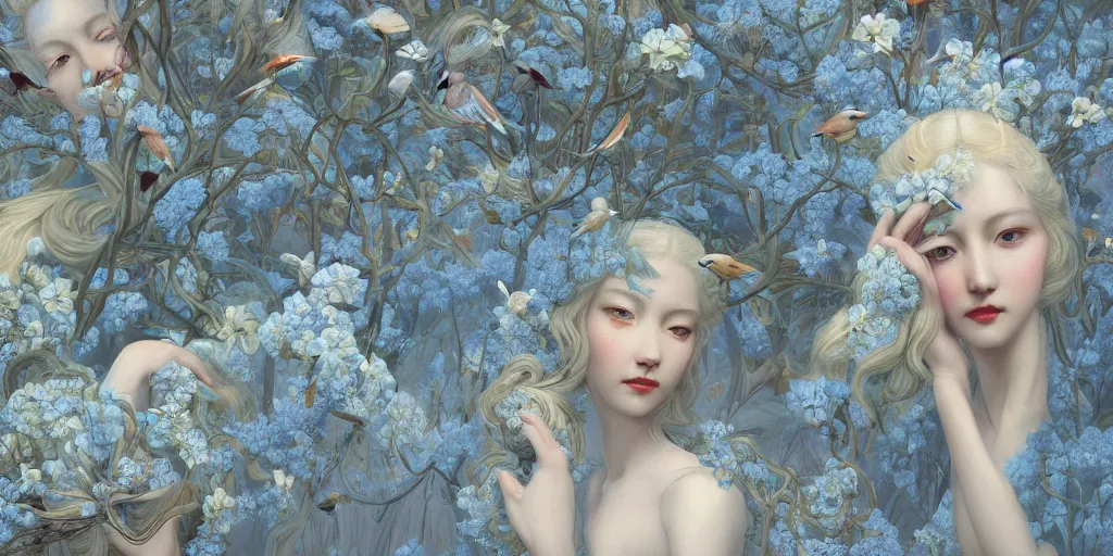 Image similar to breathtaking detailed concept art painting art deco pattern of blonde faces goddesses amalmation light - blue flowers with anxious piercing eyes and blend of flowers and birds, by hsiao - ron cheng and john james audubon, bizarre compositions, exquisite detail, extremely moody lighting, 8 k