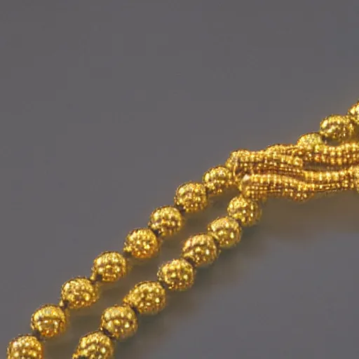 Prompt: a studio photoshoot of a Gold Beaded Chain with 12 beads, designed by Tom Sachs, realistic, color film photography by Tyler Mitchell, 35 mm, graflex