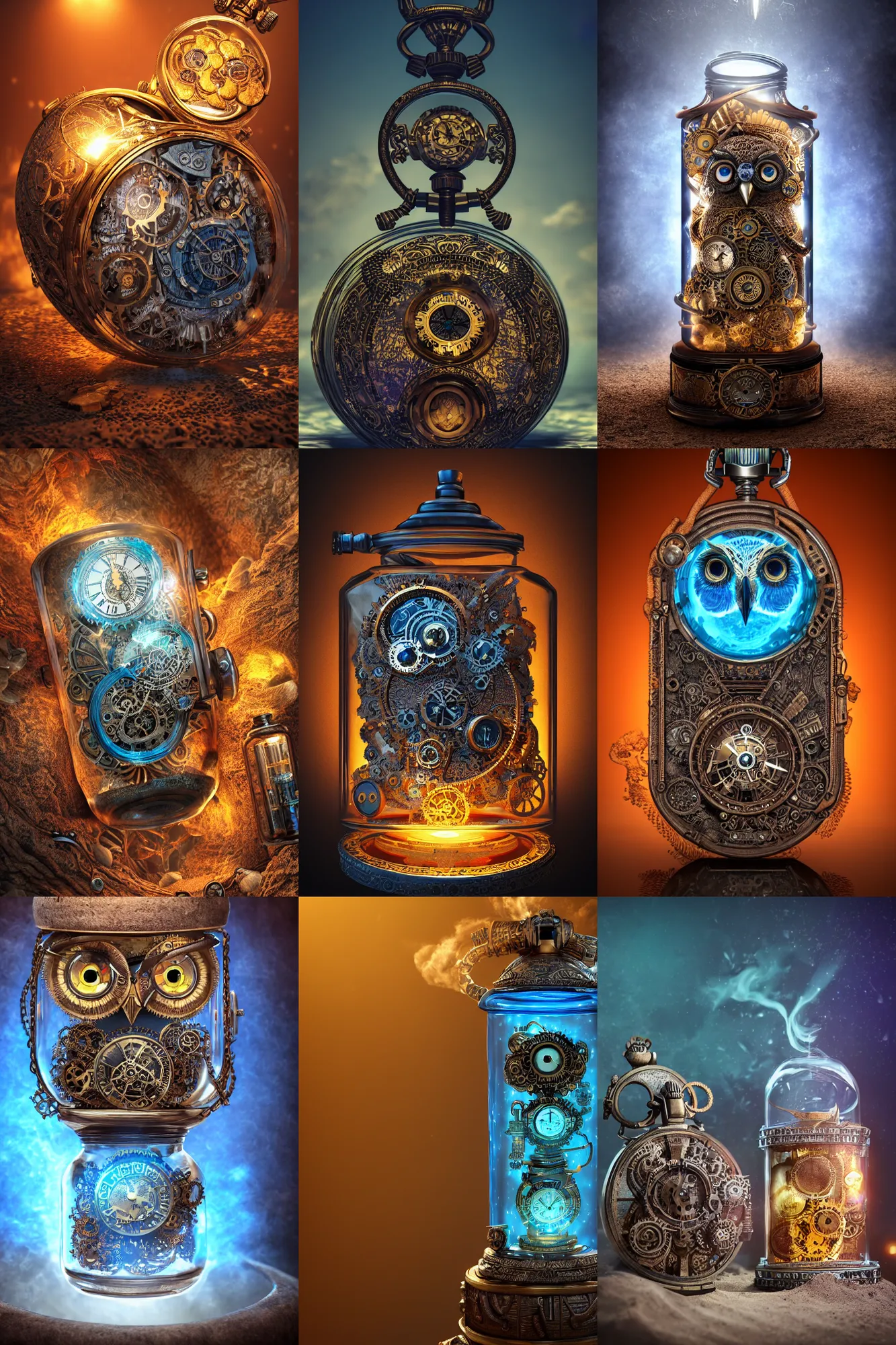 Prompt: steampunk aztec owl pocketwatch inside a glass jar buried in sand, spellbook, intricate detail, volumetric lighting, epic composition, hyper detailed, ultra realistic, sharp focus, octane render, lava lamp, blue moon, volumetric, ray tracing, sense of awe, swirling mist, 4 k