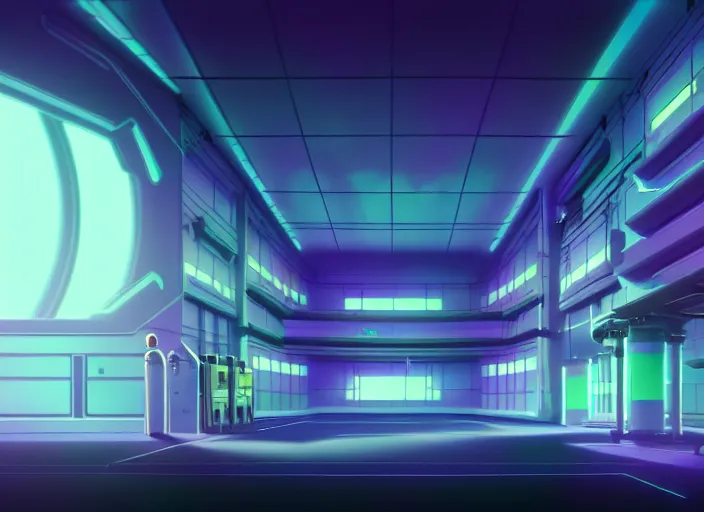 Image similar to a matte painting of a vast sci - fi lab, vaporwave aesthetic, toei animation background, sharp details, cinematic color grading, spooky, halloween