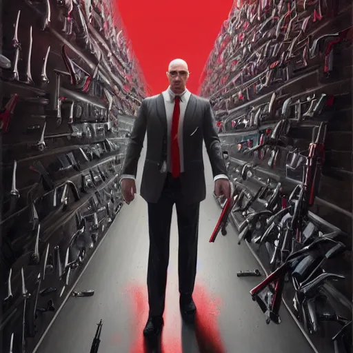 Image similar to an expressive portrait of agent 4 7 from hitman choosing a weapon from a wall full of guns, dark background, red rim light, highly detailed, digital art, artstation, concept art by giger stalenhag