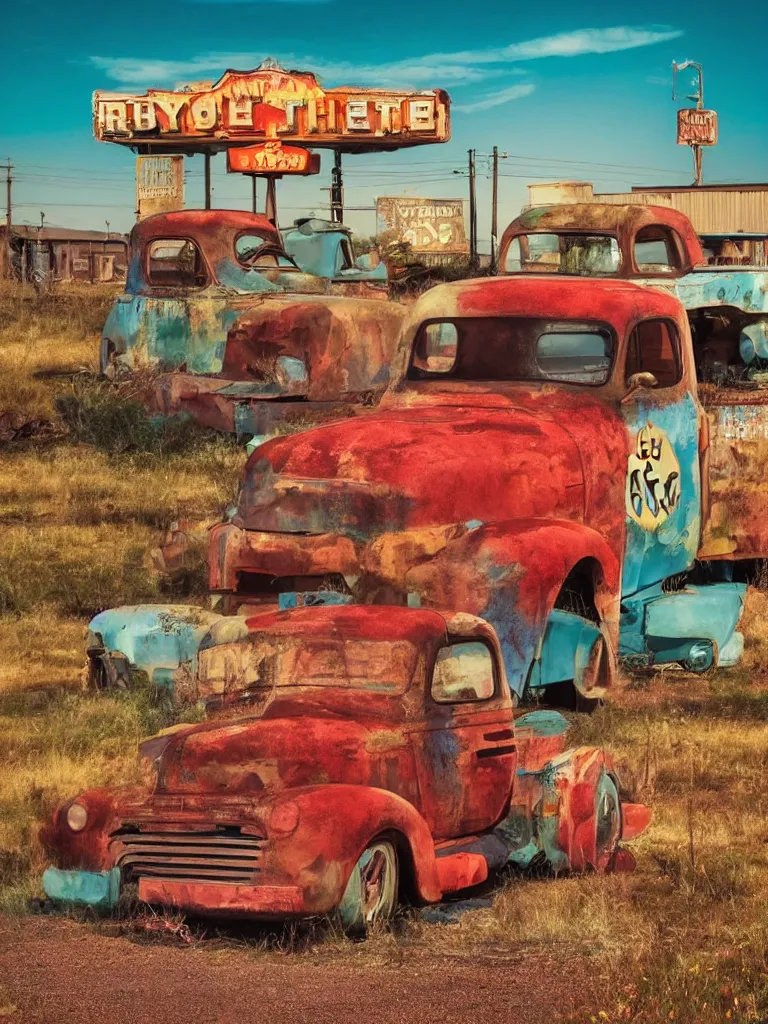 Prompt: A beautiful colorful evening scene of route66 with abandoned gas station and rusty old pickup truck :: hyper realistic