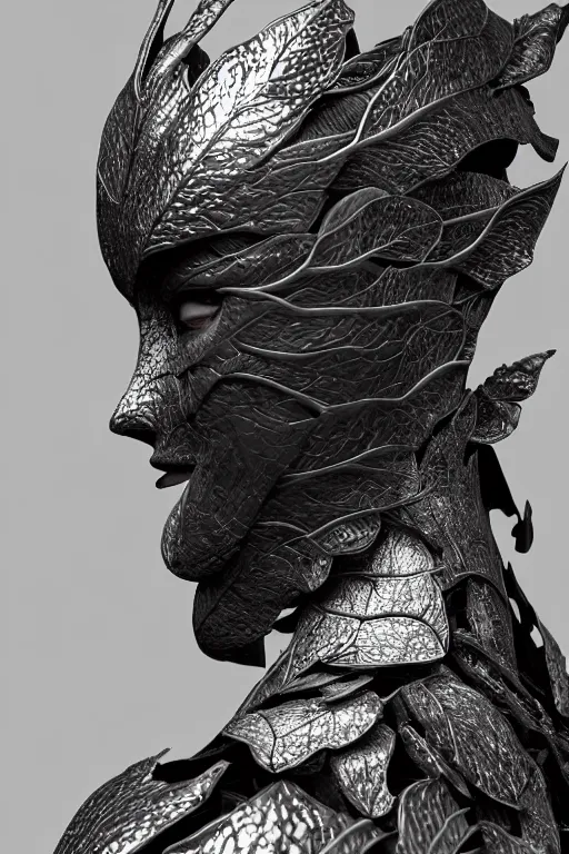 Prompt: bw close - up profile face, black background, beautiful young porcelain vegetal - dragon - cyborg - female, 1 5 0 mm, beautiful natural soft rim light, silver gold details, magnolia leaves and stems, roots, mandelbot fractal, elegant, hyper real, ultra detailed, white metallic armour, octane render, 1 6 k